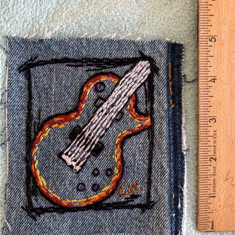 Hand Embroidered Guitar Art on Denim